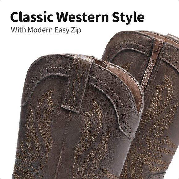 🆕 Women Brown Cowboy Western Boots Mid Calf Riding Shoes - Picture 3 of 6